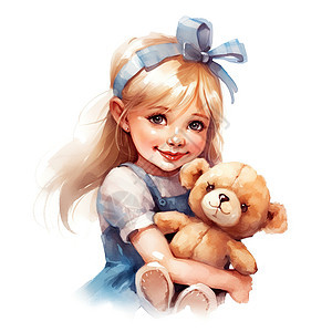 可爱小女孩抱着毛绒玩具小熊白底图图片