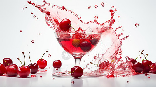 装满樱桃果汁的透明玻璃杯飞溅出很多新鲜果汁图片