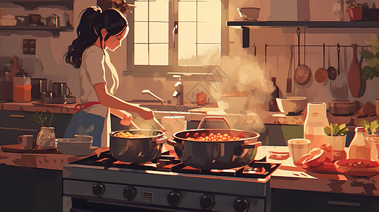 漫画风格一个女人在厨房的炉子上做饭插画