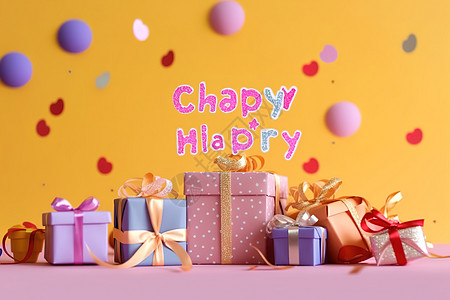 粉红色背景礼品盒彩带小亮片儿童节素材背景图片