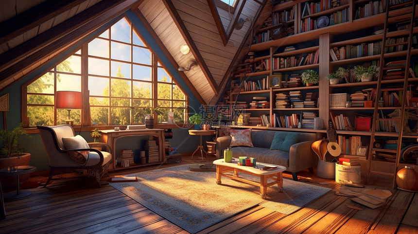 阳光照进满是书籍的木屋内图片