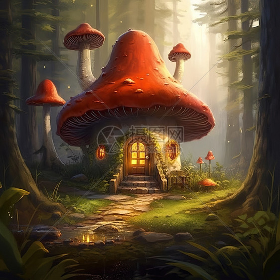 树林深处的蘑菇房场景图片