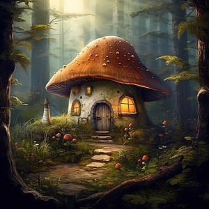 林中亮灯的蘑菇房图片