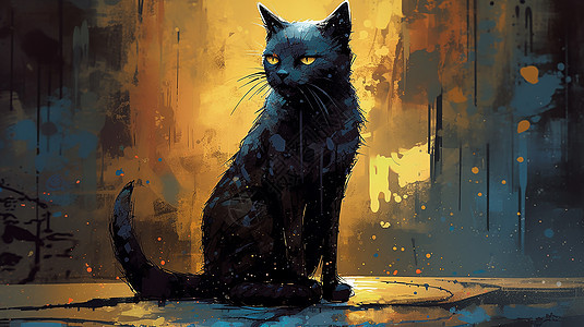 水彩绘画黑猫图片