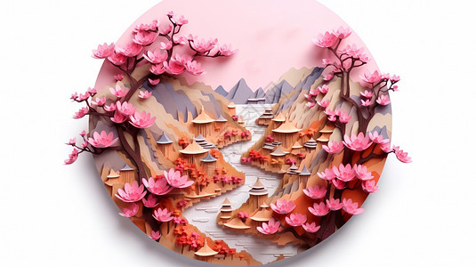 山水全景粉色桃花山水风景全景剪纸风卡通插画