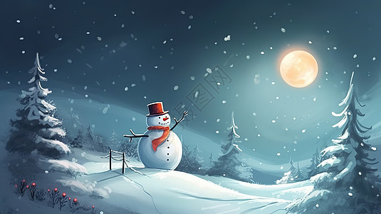 冬天月光下的大雪人插图图片