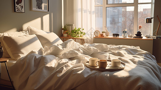 卧室温馨的白色大床被子上放着托盘与茶杯图片