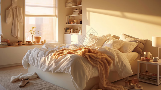 温馨简约白色卧室大床被子上放着一块毛茸茸的小浴巾图片