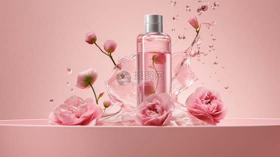 粉色鲜花与水包裹着粉色护肤品瓶图片