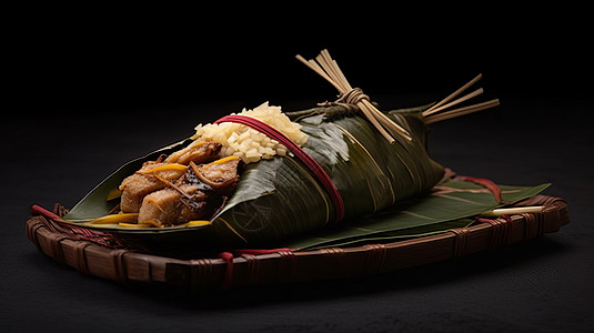 在编织竹盘子上的传统端午节食物鲜肉粽子背景图片