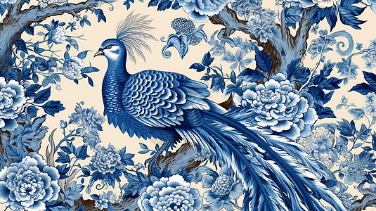 站在树枝山的蓝色凤凰鸟与花朵平面中国风图片