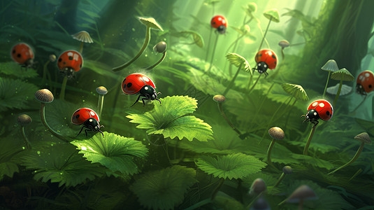 好多红色的小七星瓢虫飞在森林间高清图片