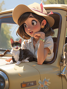 可爱的少女跟猫一起坐在汽车上图片