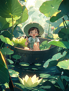 戴草帽在池塘里的少女图片