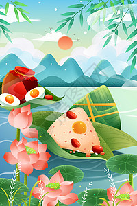 五月初五端午节荷花与美味粽子插画