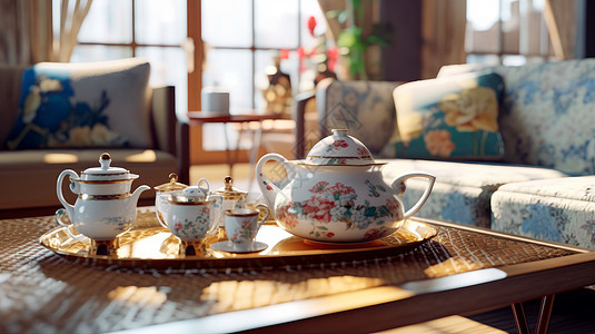 复古陶瓷茶具放在茶几上阳光照在客厅图片