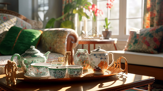 在客厅漂亮的复古陶瓷茶具图片