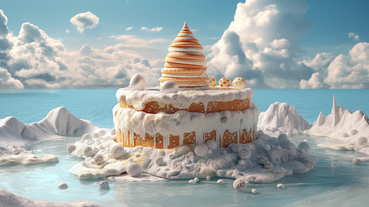 蓝天白云下巨大的奶油蛋糕岛梦幻立体卡通图片