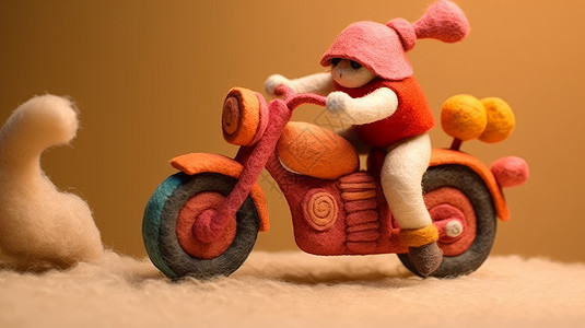 羊毛毡手工穿红色衣服卡通人物骑摩托车图片
