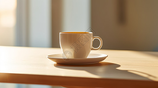 白色咖啡杯放在阳光照射的桌子上图片