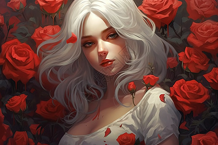 插画艺术白色头发的女孩红玫瑰背景图片