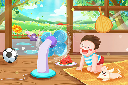 夏至吹电风扇的男孩插画背景图片