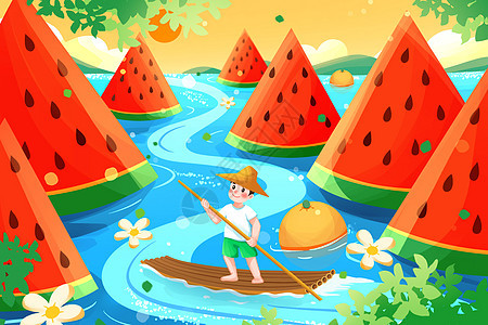 小暑男孩划船过西瓜山插画图片