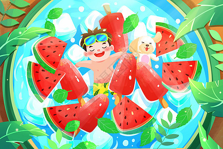 小暑男孩和小狗泡西瓜冰块泳池插画图片