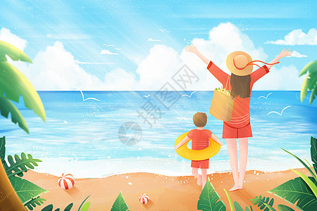 小清新夏天母子海边沙滩阳光插画图片