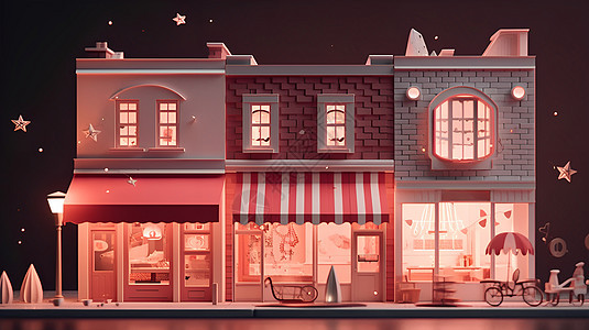 街道商铺粉色清新立体建筑风景模型场景图片