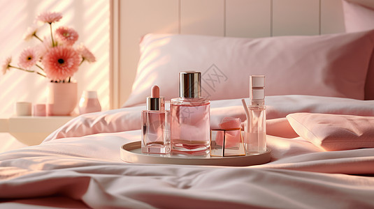 温馨的粉色大床上放着透明玻璃套装图片