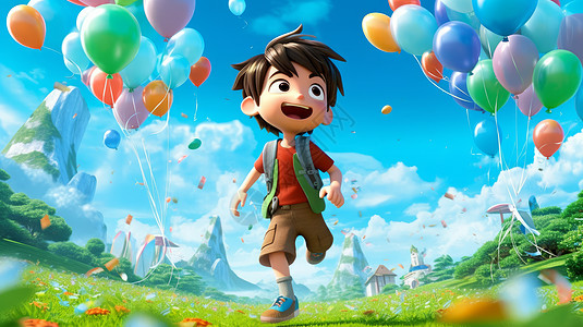草坪气球奔跑在草坪上开心的立体卡通小男孩插画