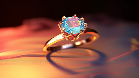 华丽的金戒指上镶着超大蓝色水晶图片
