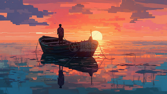 夕阳下海上小船图片