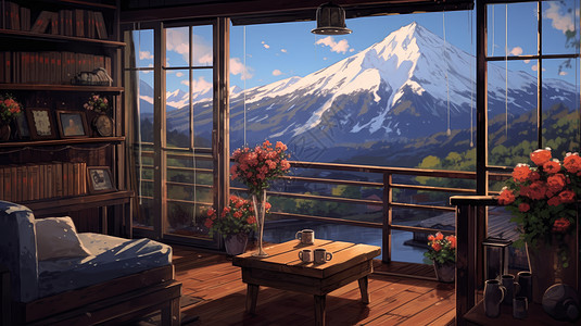 温馨的卡通大窗窗外美丽的雪山景色图片