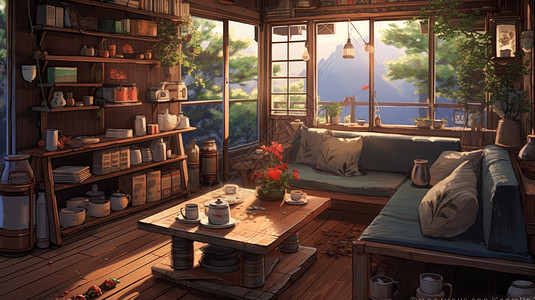阳光照进温馨的卡通客厅沙发和茶几窗外美丽景色图片