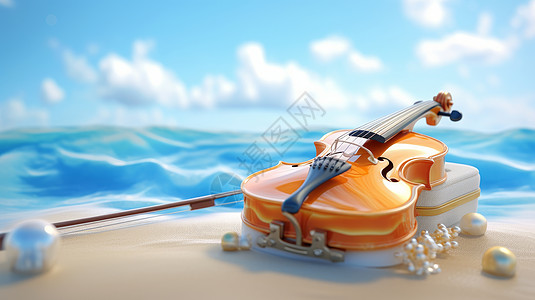 大海边白色沙滩上躺着优雅的小提琴图片