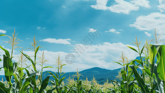 蓝天白云下嫩绿色的玉米地图片