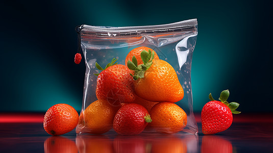 透明保鲜袋中装满新鲜草莓背景图片