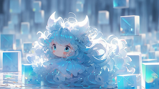 可爱有角的长发卡通女孩在蓝色冰雪世界中图片
