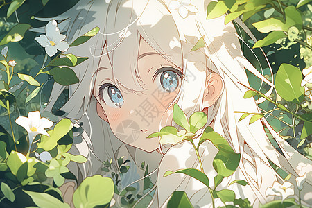 夏日花丛中的动漫女孩图片