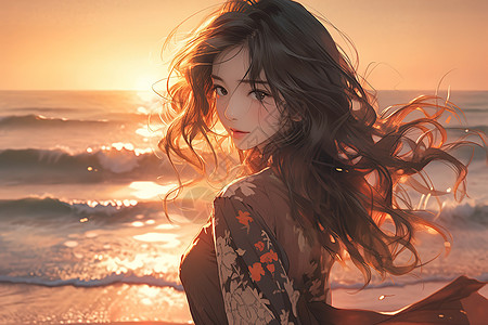 阳光海滩美女夏日海边日落美女头发在风中飘逸插画
