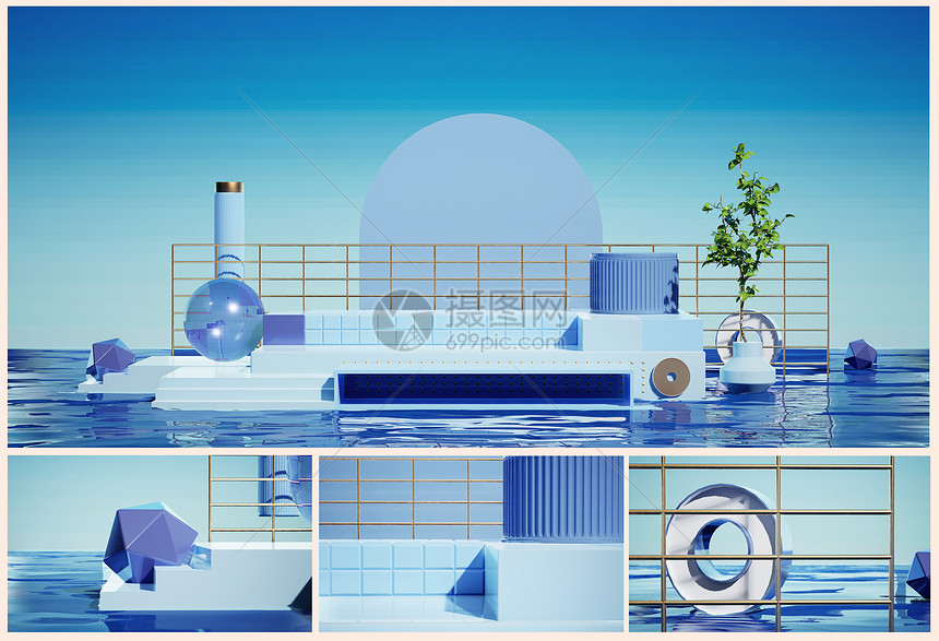 蓝色清新电商展台背景UE模板图片