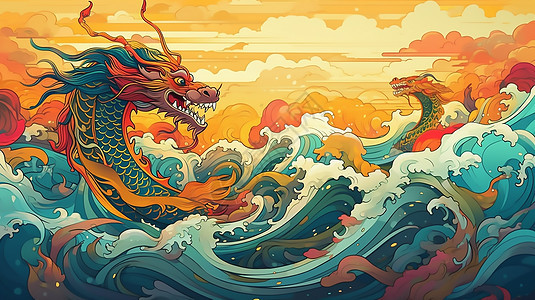 海浪里的龙绘画图片