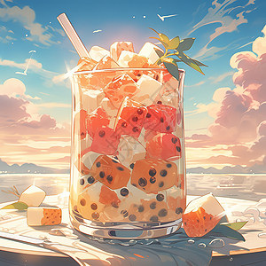 果饮夏日特饮水果奶茶西瓜冰块插画