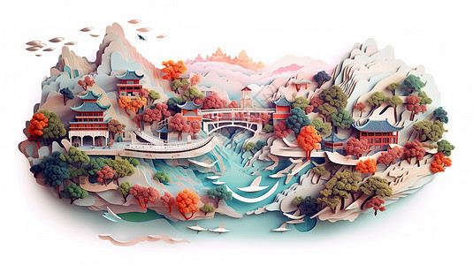 中国风东方山水画剪纸艺术图片