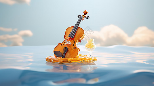 创意海洋小提琴海报3D图片