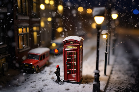 晚上雪地街道老式电话亭图片