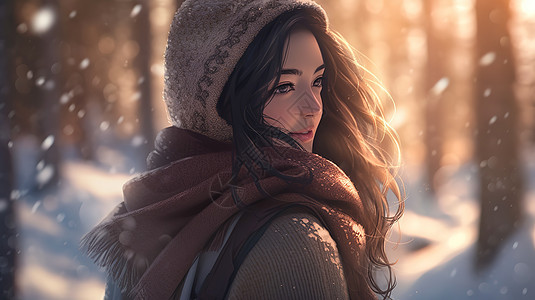 冬天年轻漂亮女子在森林中漫步图片