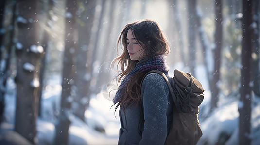 冬天年轻漂亮女子在森林中漫步背景图片